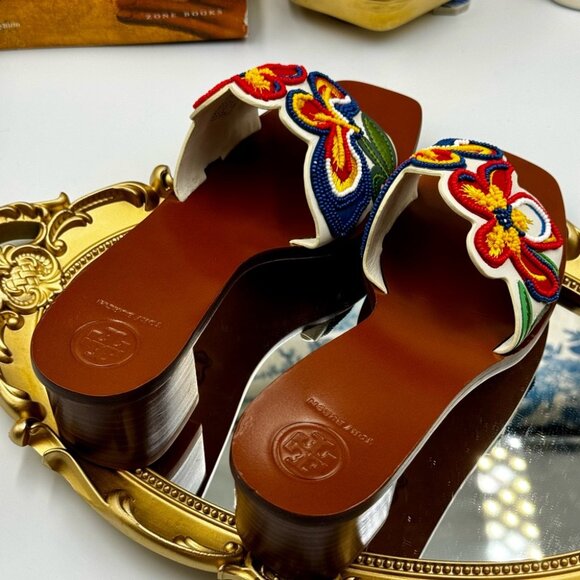 🆕 TORY BURCH 🧿 NWOT Bianca Floral Bead Embellished Slide Sandal - Ivory Multi - Picture 5 of 16